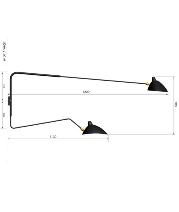 Wandleuchte mit 2 Armen, davon 1 gebogen en ligne